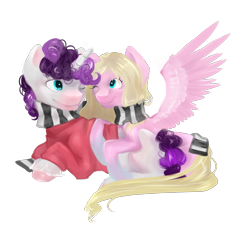 Size: 2500x2300 | Tagged: safe, artist:fluffyvixen, oc, oc:vynarity, pegasus, pony, unicorn, clothes, curly mane, curly tail, high res, mucca, one eye closed, scarf, shared clothing, shared scarf, shipping, simple background, sweater, transparent background, unshorn fetlocks, wink