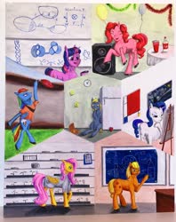 Size: 3003x3801 | Tagged: safe, artist:kopaleo, applejack, derpy hooves, fluttershy, pinkie pie, rainbow dash, rarity, twilight sparkle, pony, unicorn, g4, art, australian football, balloon, biology, blueprint, category theory, clipboard, clock, clothes, composition ii in red blue and yellow, dancing, easel, eating, feather boa, food, hard hat, high res, knot theory, lab, lab coat, lecture, mane six, manifold, math, modern art, painting, parody, party, partying, pen, physics, piet mondrian, pizza, pizza box, plant, refrigerator, rocket science, soda, starry night, the starry night, thinking, tired, topology, unicorn twilight, vincent van gogh