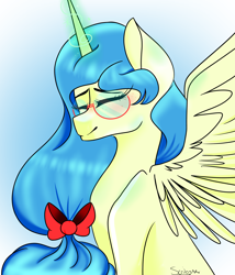 Size: 2358x2759 | Tagged: safe, artist:scribs, oc, oc:bookie, alicorn, pony, alicornified, bow, fallout equestria:the price we pay, freckles, glasses, hair bow, high res, horn, magic, magic aura, race swap, wings