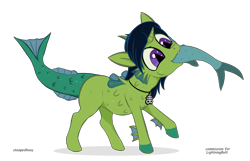 Size: 2800x1800 | Tagged: safe, artist:stoopedhooy, oc, oc only, oc:demon hellspawn, fish, half-siren, hybrid, pony, baby, colored hooves, commission, eating, fangs, fins, fish tail, foal, horn, jewelry, leviathan cross, magical gay spawn, male, necklace, offspring, scales, simple background, slit pupils, solo, swallowing, throat bulge, transparent background