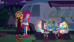 Size: 1920x1080 | Tagged: safe, screencap, applejack, fluttershy, pinkie pie, rainbow dash, rarity, sci-twi, sunset shimmer, twilight sparkle, equestria girls, equestria girls series, g4, sunset's backstage pass!, spoiler:eqg series (season 2), female, humane five, humane seven, humane six, music festival outfit, shoes, sneakers, tree stump