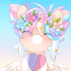 Size: 800x800 | Tagged: safe, artist:loyaldis, oc, oc only, pegasus, pony, blushing, bust, eyes closed, floral head wreath, flower, gradient background, hooves together, portrait, smiling, solo, spread wings, wings, ych result