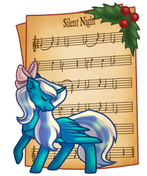 Size: 1000x1200 | Tagged: safe, artist:funny-arts, oc, oc only, oc:fleurbelle, alicorn, pony, adorabelle, alicorn oc, bow, christmas, cute, eyes closed, female, hair bow, holiday, holly, horn, mare, music notes, musical staff, paper, raised hoof, solo, song reference, spread wings, wings
