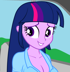 Size: 1400x1430 | Tagged: safe, edit, editor:ah96, twilight sparkle, equestria girls, g4, big breasts, breasts, busty twilight sparkle, car, car interior, cleavage, female, looking at you, solo