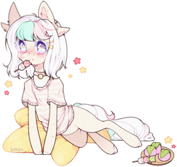 Size: 1416x1334 | Tagged: safe, artist:aniimoni, oc, oc only, oc:haneul, earth pony, pony, bandaid, bandaid on nose, blushing, clothes, female, looking at you, mare, pillow, shirt, simple background, solo, t-shirt, transparent background, white outline