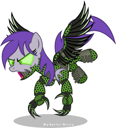 Size: 3207x3522 | Tagged: safe, artist:vector-brony, oc, oc only, oc:dawn (project horizons), cyborg, pegasus, pony, fallout equestria, fallout equestria: project horizons, angry, artificial wings, augmented, claws, cyberpunk, fanfic art, glowing eyes, harbinger, high res, level 3 (harbinger cyberpunk) (project horizons), mechanical hands, mechanical wing, mechanized, pegasus oc, screaming, simple background, solo, transparent background, watermark, wings