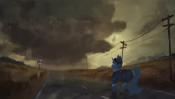 Size: 4000x2250 | Tagged: safe, artist:blackligerth, oc, oc only, oc:flint, pony, unicorn, clothes, cloud, commission, dark clouds, power line, road, scenery, solo, walking