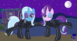 Size: 8680x4654 | Tagged: safe, alternate version, artist:damlanil, starlight glimmer, trixie, pony, unicorn, g4, bondage, bush, catsuit, clothes, commission, duo, eyeshadow, female, gimp suit, high heels, hoofbump, horn, latex, latex suit, looking at you, makeup, mare, moon, one eye closed, raised hoof, rubber, shiny, shoes, smiling, tree, trixie's wagon, wink