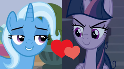 Size: 1540x864 | Tagged: safe, edit, edited screencap, screencap, mean twilight sparkle, trixie, a horse shoe-in, g4, the mean 6, female, lesbian, ship:mean twixie, ship:twixie, shipping, shipping domino