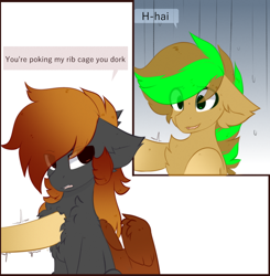 Size: 984x1005 | Tagged: dead source, safe, artist:php146, oc, oc only, earth pony, pegasus, pony, annoyed, chest fluff, dialogue, duo, eye clipping through hair, floppy ears, male, nervous, poking, stallion