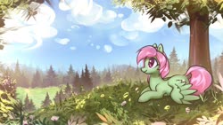 Size: 3108x1748 | Tagged: safe, artist:mirroredsea, oc, oc only, oc:spectral wind, pegasus, pony, g4, commission, dock, female, forest, lying down, mare, prone, scenery, smiling, solo, spread wings, tree, wings