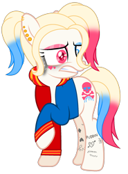 Size: 1456x1968 | Tagged: safe, artist:ifoxbases, artist:rukemon, oc, oc only, oc:har-harley queen, earth pony, pony, base used, clothes, commission, cringing, ear piercing, earring, eyeshadow, female, heterochromia, jacket, jewelry, makeup, mare, multicolored hair, piercing, raised hoof, running makeup, simple background, solo, tattoo, transparent background, varsity jacket