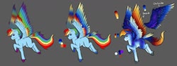 Size: 1600x601 | Tagged: safe, artist:skywarriorstare, rainbow dash, pegasus, pony, g4, colored wings, female, g5 concept leak style, g5 concept leaks, hooves, mare, multicolored wings, rainbow dash (g5 concept leak), rainbow wings, raised hoof, redesign, simple background, wings