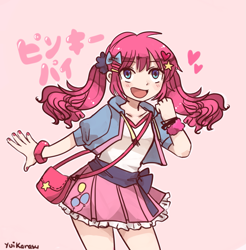 Size: 1267x1288 | Tagged: safe, artist:yuikarasu, pinkie pie, human, g4, alternate hairstyle, anime, bow, clothes, cute, cutie mark on clothes, diapinkes, female, hair accessory, hair bow, heart, humanized, japanese, miniskirt, moe, nail polish, open mouth, pigtails, pink background, pleated skirt, purse, simple background, skirt, solo, stars, twintails