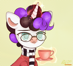 Size: 2097x1907 | Tagged: safe, artist:naperdysh, oc, oc only, oc:vynarity, pony, unicorn, clothes, cup, curly mane, glasses, levitation, magic, mucca, scarf, simple background, solo, sweater, teacup, telekinesis, ych result
