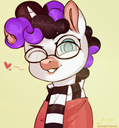 Size: 1930x2072 | Tagged: safe, artist:naperdysh, oc, oc only, oc:vynarity, pony, unicorn, clothes, curly mane, glasses, heart, mucca, one eye closed, scarf, simple background, smiling, smiling at you, solo, sweater, wink, winking at you, ych result