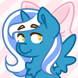 Size: 500x500 | Tagged: safe, artist:aster-iion, oc, oc:fleurbelle, alicorn, pony, :3, adorabelle, adorable face, alicorn oc, bow, chest fluff, cute, female, hair bow, horn, looking at you, mare, ocbetes, yellow eyes