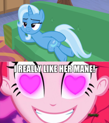 Size: 1280x1440 | Tagged: safe, pinkie pie, trixie, coinky-dink world, eqg summertime shorts, equestria girls, g4, road to friendship, caption, draw me like one of your french girls, female, heart eyes, i really like her mane, image macro, lesbian, meme, pinkie's eyes, ship:trixiepie, shipping, text, wingding eyes