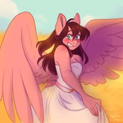 Size: 1600x1600 | Tagged: safe, artist:snowolive, oc, oc only, pegasus, anthro, anthro oc, blushing, clothes, dress, female, large wings, mare, solo, wings