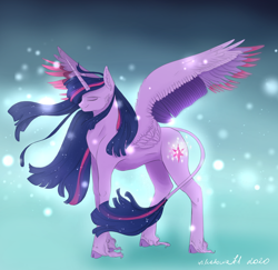 Size: 1920x1867 | Tagged: safe, artist:nyota71, twilight sparkle, alicorn, pony, g4, the last problem, colored hooves, colored wings, eyes closed, female, glowing cutie mark, glowing mane, leonine tail, mare, older, older twilight, older twilight sparkle (alicorn), princess twilight 2.0, simple background, smiling, solo, spread wings, twilight sparkle (alicorn), wings