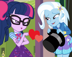 Size: 1290x1010 | Tagged: safe, edit, edited screencap, screencap, sci-twi, trixie, twilight sparkle, equestria girls, equestria girls specials, g4, my little pony equestria girls: better together, my little pony equestria girls: holidays unwrapped, sock it to me, female, lesbian, ship:sci-twixie, ship:twixie, shipping, shipping domino