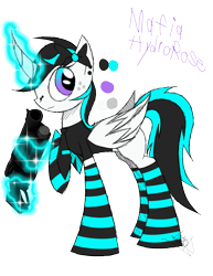 Size: 888x1150 | Tagged: safe, artist:didun850, oc, oc only, oc:hydro rose, alicorn, pony, alicorn oc, clothes, curved horn, female, freckles, glowing horn, gun, horn, magic, mare, raised hoof, reference sheet, signature, simple background, socks, solo, striped socks, telekinesis, transparent background, weapon