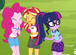 Size: 662x483 | Tagged: safe, artist:thedarkpony, edit, edited screencap, screencap, pinkie pie, sci-twi, sunset shimmer, twilight sparkle, equestria girls, g4, my little pony equestria girls: legend of everfree, camp everfree outfits, clothes, cropped, denim shorts, fart, fart edit, fart noise, female, laughing, onomatopoeia, shorts, sound effects, twilight fartle