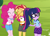 Size: 662x483 | Tagged: safe, edit, edited screencap, editor:thedarkpony, screencap, pinkie pie, sci-twi, sunset shimmer, twilight sparkle, equestria girls, g4, my little pony equestria girls: legend of everfree, camp everfree outfits, clothes, cropped, denim shorts, fart, fart edit, fart noise, female, laughing, onomatopoeia, shorts, sound effects, twilight fartle