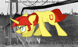 Size: 1300x780 | Tagged: safe, artist:aaronmk, oc, oc:lefty pony, bridge, collapse, photo, tacoma narrows bridge collapse, text, vector