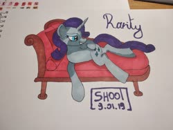 Size: 4000x3000 | Tagged: safe, artist:shooting star, rarity, pony, unicorn, g4, bedroom eyes, copic, couch, female, mare, shading, smiling, smirk, solo, traditional art