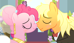 Size: 1024x596 | Tagged: safe, artist:missxxfofa123, applejack, pinkie pie, earth pony, pony, a canterlot wedding, g4, alternate hairstyle, alternate universe, applejack (male), base used, boop, canterlot, clothes, dress, eyes closed, female, half r63 shipping, male, marriage, nose to nose, noseboop, rule 63, ship:applepie, ship:pinkiejack, shipping, straight, tuxedo, wedding, wedding dress, wedding suit