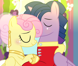Size: 974x821 | Tagged: dead source, safe, artist:missxxfofa123, fluttershy, twilight sparkle, alicorn, pegasus, pony, g4, alternate hairstyle, base used, clothes, dress, dusk shine, eyes closed, female, half r63 shipping, hug, male, marriage, prince dusk, rule 63, ship:duskshy, ship:twishy, shipping, show accurate, straight, twilight sparkle (alicorn), wedding, wedding dress, wedding suit
