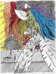 Size: 734x960 | Tagged: safe, artist:petanoprime, rainbow dash, pegasus, pony, fanfic:rainbow factory, g4, clothes, fanfic art, female, grin, hair over eyes, lab coat, mare, partial color, signature, smiling, solo, traditional art