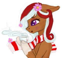 Size: 737x682 | Tagged: safe, artist:laptopdj, oc, oc only, earth pony, pony, bust, clothes, female, flower, food, mare, portrait, scarf, simple background, solo, tea, white background