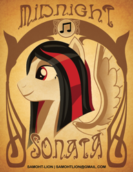 Size: 612x792 | Tagged: safe, artist:samoht-lion, oc, oc only, oc:midnight sonata, pegasus, pony, bust, female, mare, music notes, pegasus oc, smiling, solo, text, wings