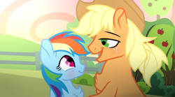 Size: 643x357 | Tagged: safe, artist:missxxfofa123, applejack, rainbow dash, earth pony, pegasus, pony, g4, applejack (male), base used, chest fluff, duo, eye contact, female, half r63 shipping, larger male, looking at each other, male, mare, rule 63, ship:appledash, ship:rainbowjack, shipping, size difference, smaller female, stallion, straight