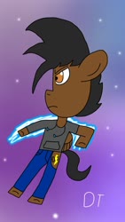 Size: 720x1280 | Tagged: safe, artist:dashing thunder, oc, oc only, oc:dashing thunder, pegasus, pony, semi-anthro, amber eyes, arm hooves, aura, clothes, cutie mark, determined, folded wings, galaxy, galaxy background, glowing hooves, gradient background, jacket, lidded eyes, lightning, magic, male, pants, pegasus oc, solo, sparkles, underhoof, wings