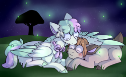 Size: 1800x1100 | Tagged: safe, artist:cinnamonsparx, oc, oc only, oc:cotton cream, oc:misty rhyme, earth pony, pegasus, pony, cloven hooves, female, mare, night, prone