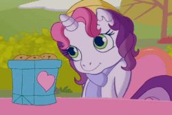 Size: 720x480 | Tagged: safe, screencap, mayor flitter flutter, scootaloo (g3), sweetie belle (g3), pony, g3, g3.5, twinkle wish adventure, animated, bag, cookie, cute, female, food, g3 cutealoo, g3 diasweetes, moped, sound, webm