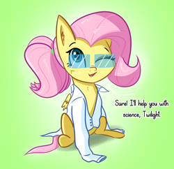 Size: 2590x2511 | Tagged: safe, artist:artiks, fluttershy, pegasus, pony, g4, clothes, cute, dialogue, female, high res, lab coat, mare, one eye closed, oversized clothes, ponytail, redraw, shyabetes, simple background, solo, wink