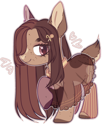 Size: 1280x1546 | Tagged: safe, artist:toffeelavender, oc, oc only, deer, deer pony, original species, pony, base used, clothes, colored hooves, dress, female, heart, heart eyes, mare, raised hoof, see-through, simple background, smiling, socks, solo, striped socks, transparent background, wingding eyes