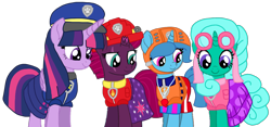 Size: 2179x1022 | Tagged: safe, artist:徐詩珮, fizzlepop berrytwist, glitter drops, spring rain, tempest shadow, twilight sparkle, alicorn, pony, unicorn, series:sprglitemplight diary, series:sprglitemplight life jacket days, series:springshadowdrops diary, series:springshadowdrops life jacket days, g4, alternate universe, base used, bisexual, broken horn, clothes, cute, equestria girls outfit, female, glitterbetes, horn, lesbian, lifeguard, lifeguard spring rain, paw patrol, polyamory, ship:glitterlight, ship:glittershadow, ship:sprglitemplight, ship:springdrops, ship:springlight, ship:springshadow, ship:springshadowdrops, ship:tempestlight, shipping, simple background, springbetes, swimsuit, tempestbetes, transparent background, twilight sparkle (alicorn)