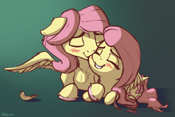 Size: 1839x1231 | Tagged: safe, artist:nookprint, fluttershy, pegasus, pony, g4, adorascotch, blushing, butterscotch, cuddling, cute, duo, eyes closed, female, male, mare, rule 63, rule63betes, self ponidox, selfcest, ship:flutterscotch, shipping, shyabetes, smiling, stallion, straight