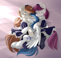 Size: 2600x2500 | Tagged: safe, artist:dreamweaverpony, oc, oc only, oc:lady diamante, oc:lumi, oc:shade, earth pony, pegasus, pony, unicorn, g4, beautiful, bed, clothes, comforting, cuddling, cute, ear fluff, eyes closed, female, fluffy, freckles, group hug, high res, hug, lying down, lying on bed, maid, maid headdress, mare, nap, overhead view, relaxed, relaxing, scar, socks, spooning, trio, trio female, underhoof, wings
