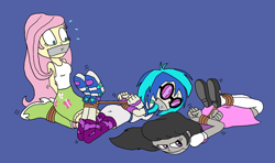 Size: 1747x1036 | Tagged: safe, artist:bugssonicx, dj pon-3, fluttershy, octavia melody, vinyl scratch, human, equestria girls, g4, bondage, bound and gagged, female, femsub, fluttersub, gag, glasses, help us, hogtied, shoes, sneakers, submissive, tape, tape gag, tavisub, tied up, vinylsub
