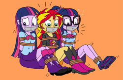 Size: 1417x924 | Tagged: safe, artist:bugssonicx, sci-twi, sunset shimmer, twilight sparkle, human, equestria girls, g4, bondage, bound and gagged, female, gag, help us, tape, tape gag, tied up