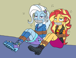 Size: 1454x1106 | Tagged: safe, artist:bugssonicx, sunset shimmer, trixie, human, equestria girls, equestria girls series, forgotten friendship, g4, bondage, boots, bound and gagged, clothes, female, gag, help us, high heel boots, kneesocks, shoes, skirt, socks, tape, tape gag, tied up