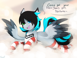 Size: 1600x1200 | Tagged: safe, artist:sinrinf, oc, oc only, oc:neomi, pegasus, pony, clothes, cloud, socks, solo, striped socks, ych result