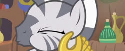 Size: 828x342 | Tagged: safe, screencap, zecora, pony, zebra, g4, it isn't the mane thing about you, choking, cropped, female, puffy cheeks, solo