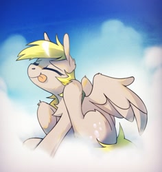 Size: 1066x1129 | Tagged: safe, artist:anticular, derpy hooves, pegasus, pony, g4, behaving like a dog, chest fluff, cloud, cute, derpabetes, ear fluff, ear scratch, eyes closed, female, leg fluff, mare, mlem, on a cloud, scratching, silly, silly pony, sitting, sky, solo, tongue out